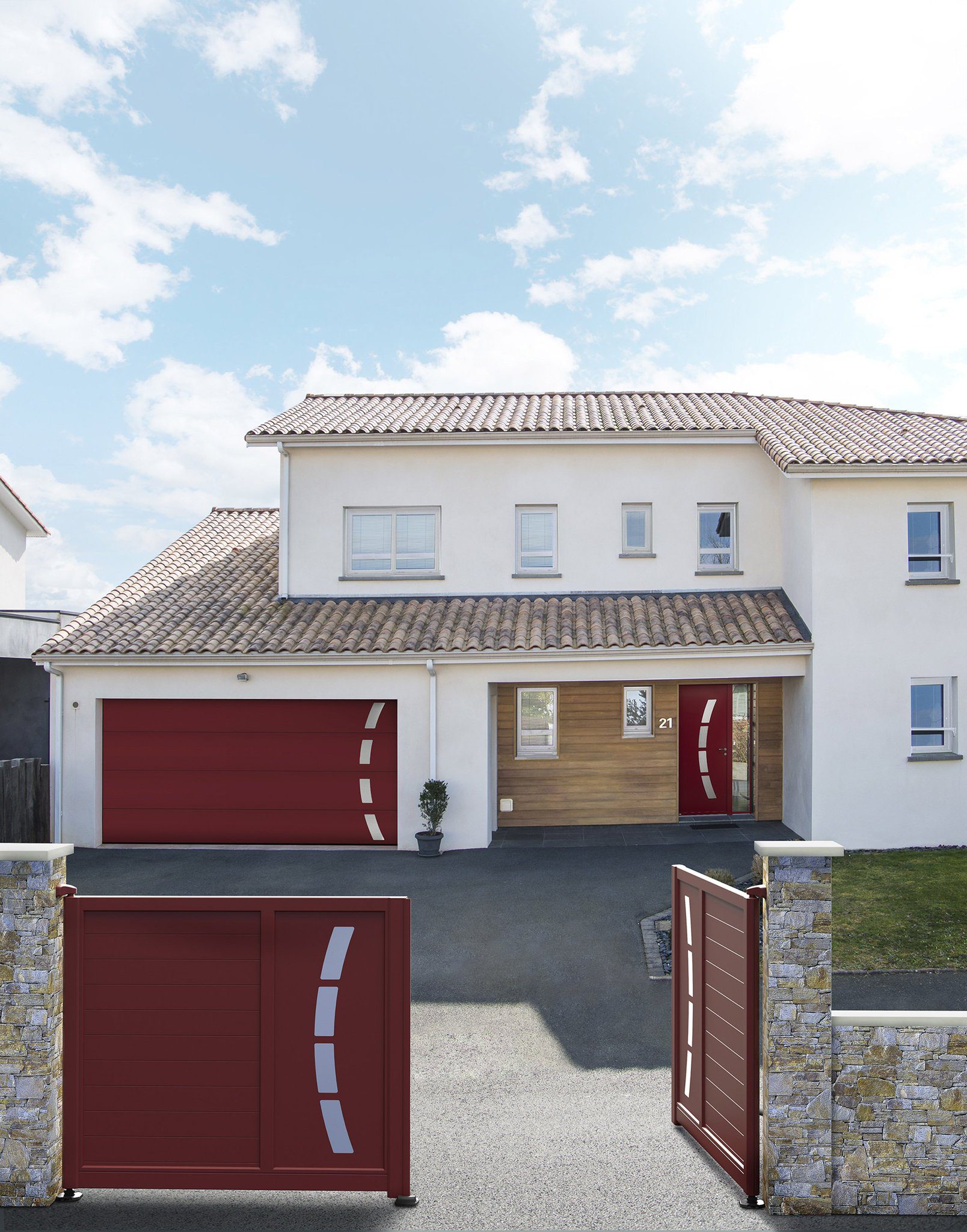 Maroon aluminium driveway gate opening